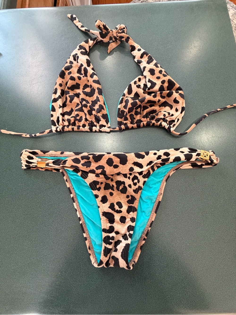 Vix Paula Hermanny Leopard Aqua Triangle Bikini Set - Picture 2 of 16